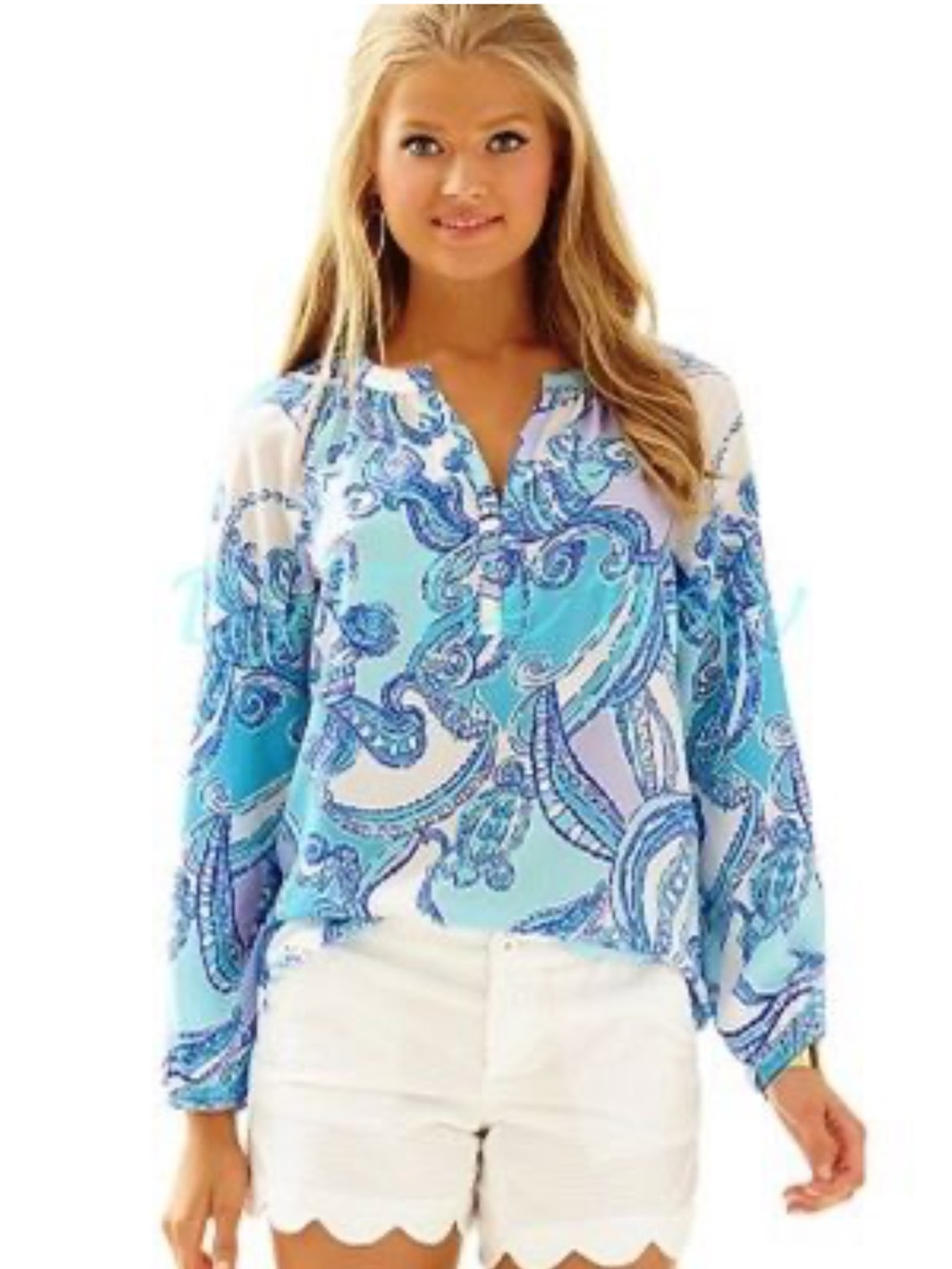 Lilly Pulitzer Elsa Long-Sleeve Paisley Top in Sea/Blue Mix